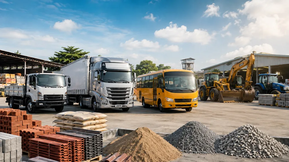 Frota de caminhões, ônibus, máquinas e materiais de construção da Miranda Transportes
